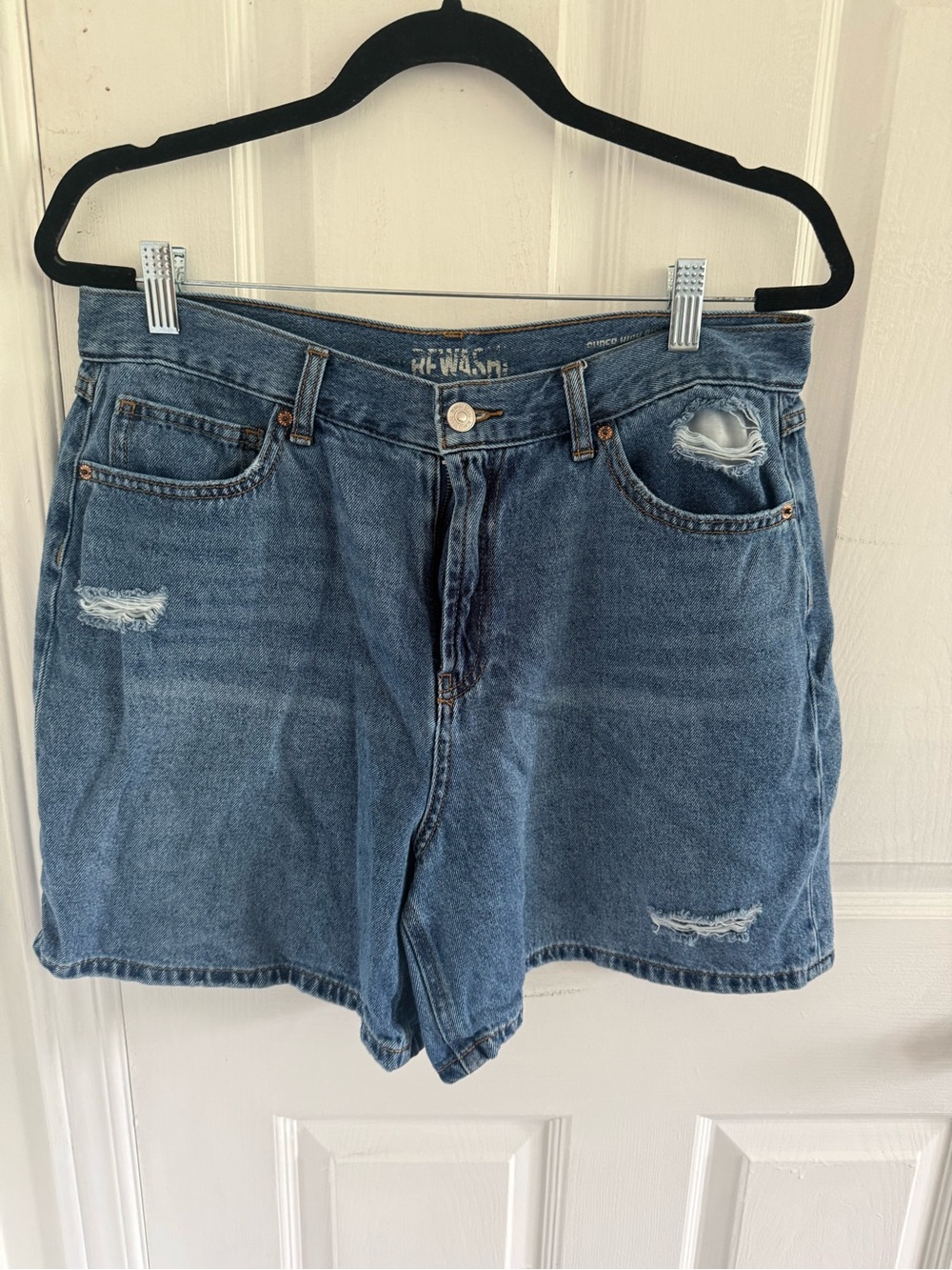Rewash Medium Blue Distressed High-Rise Denim Shorts